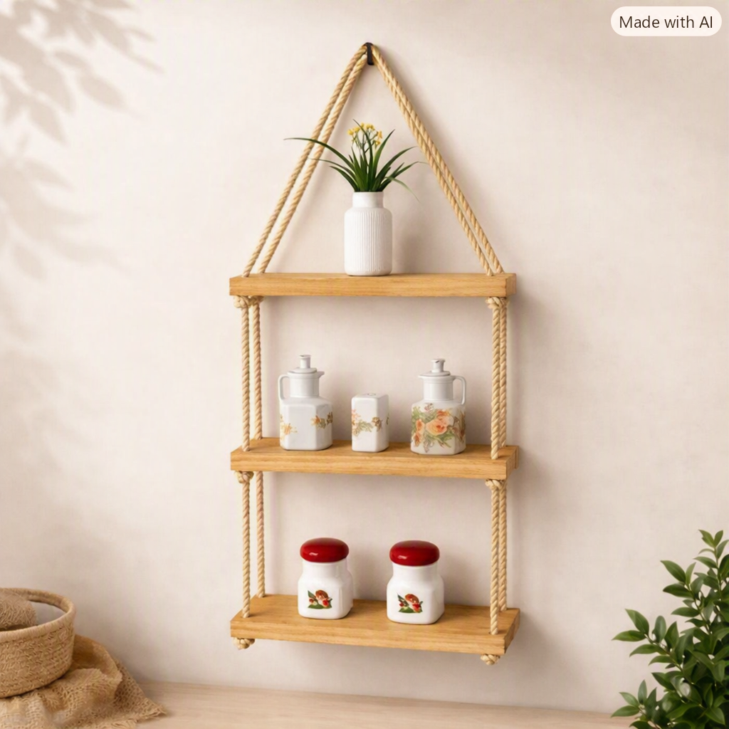Kit Prateleira de Madeira com Corda de Sisal Rústica Decorativa