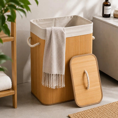 Cesto de Roupa Suja de Bambu 70L com Tampa e Forro