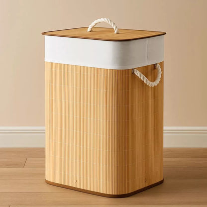 Cesto de Roupa Suja de Bambu 70L com Tampa e Forro