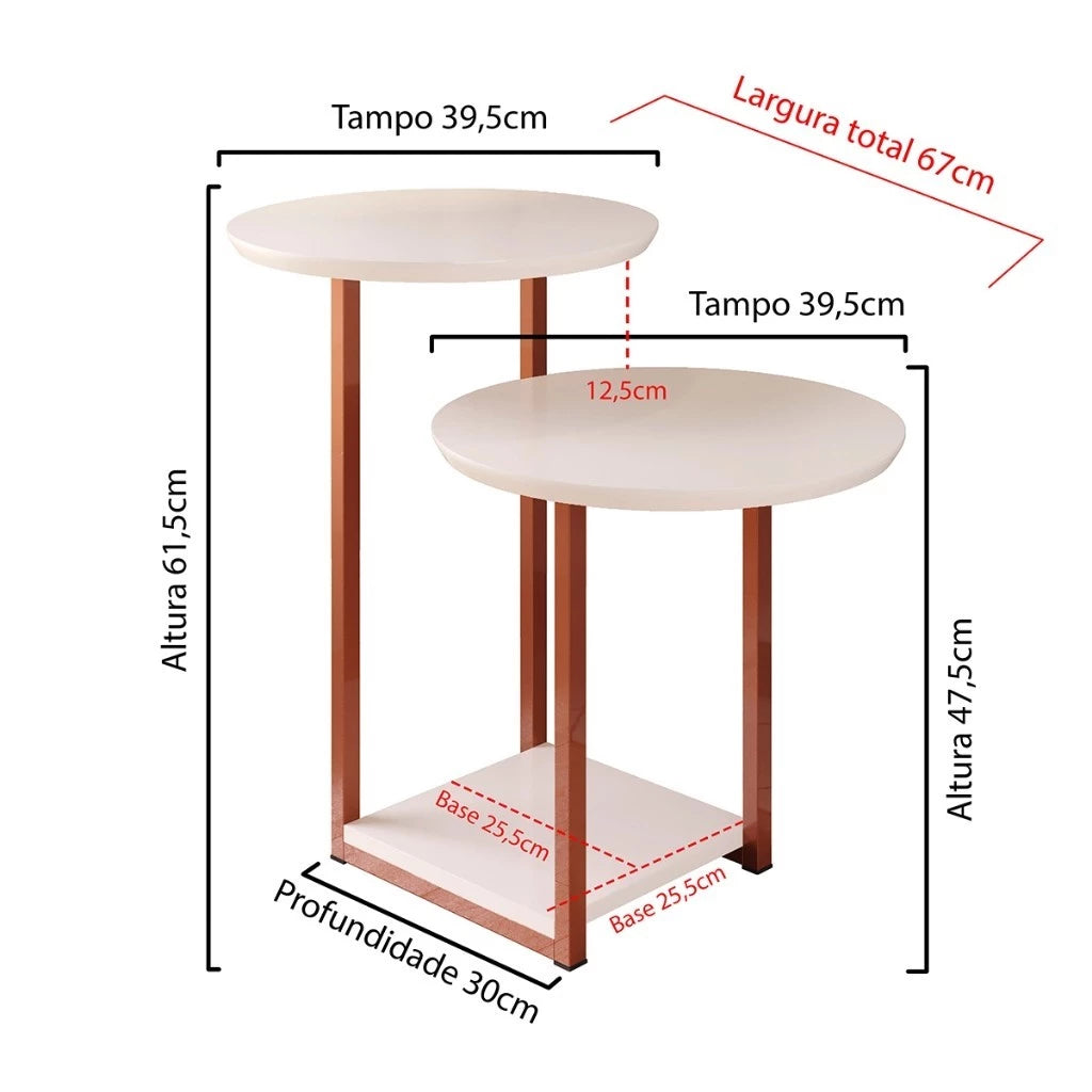 Mesa de Apoio Lateral com 2 Tampos e Pés de Ferro Industrial