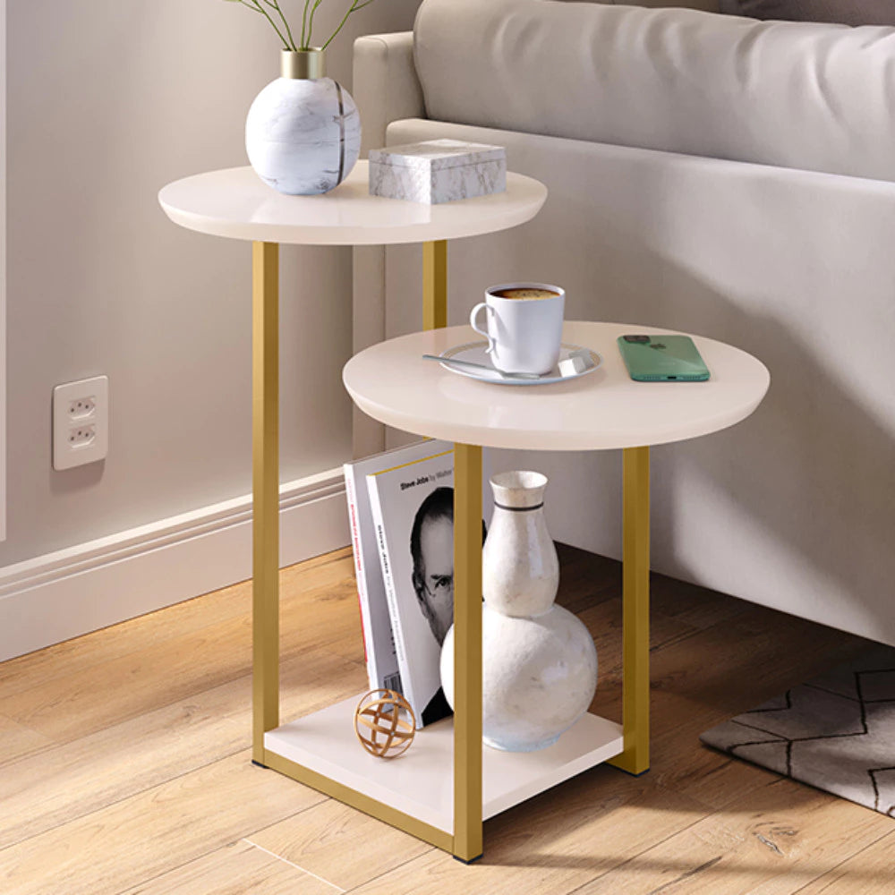 Mesa de Apoio Lateral com 2 Tampos e Pés de Ferro Industrial
