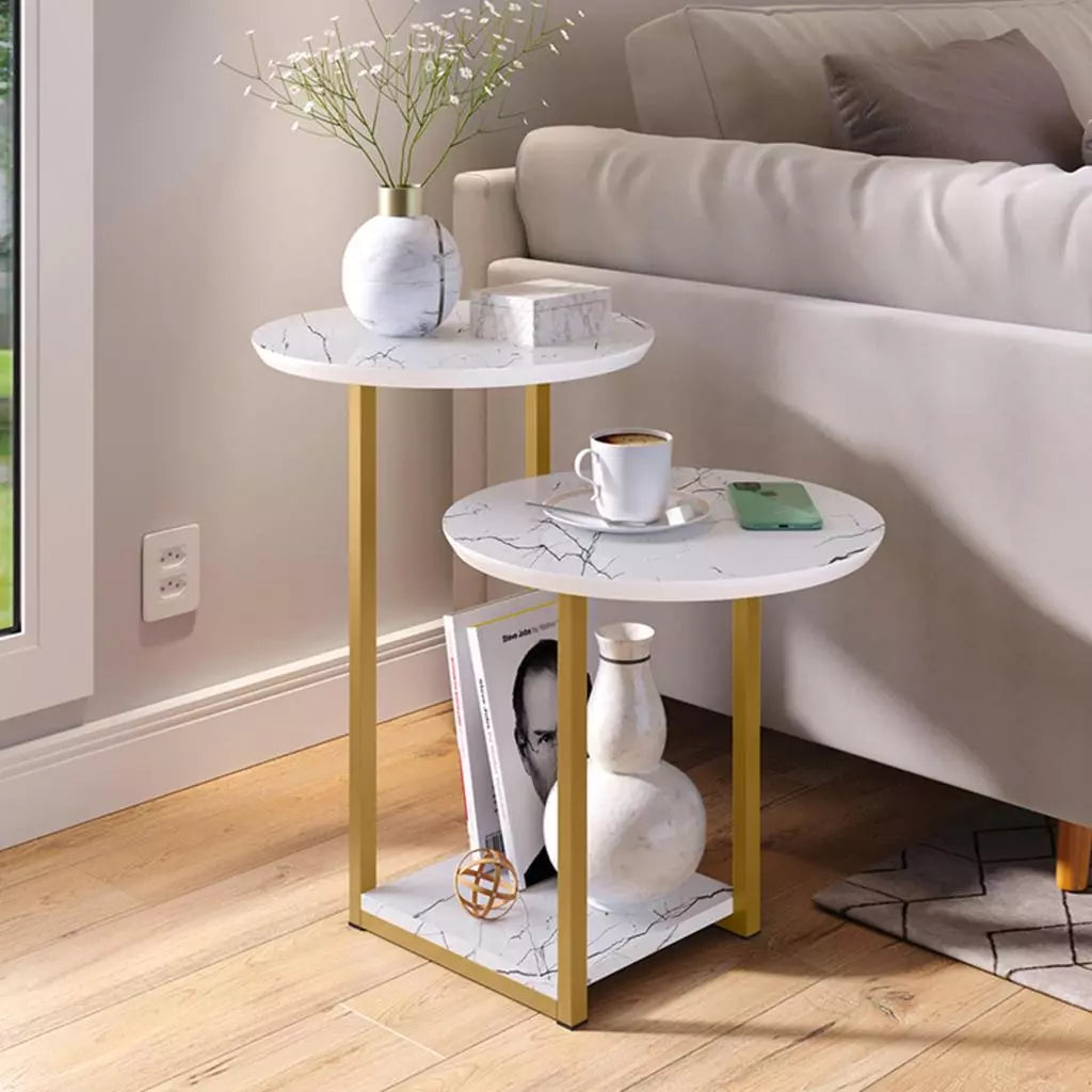 Mesa de Apoio Lateral com 2 Tampos e Pés de Ferro Industrial